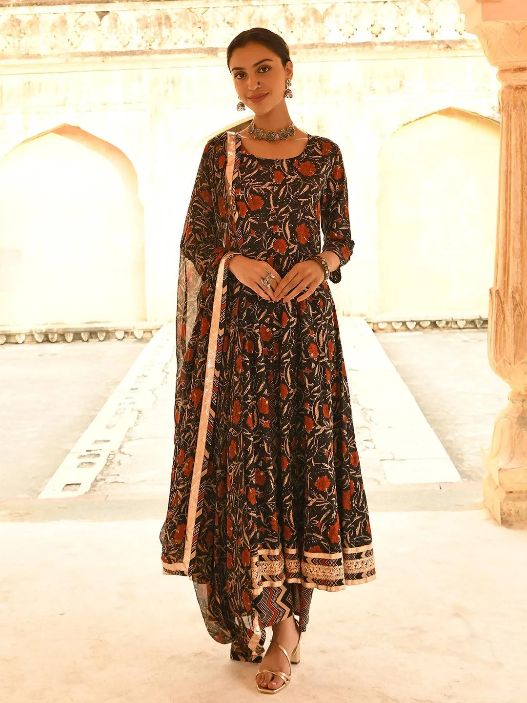 Black Cotton Floral Block Print Kurta With Flared Palazzo