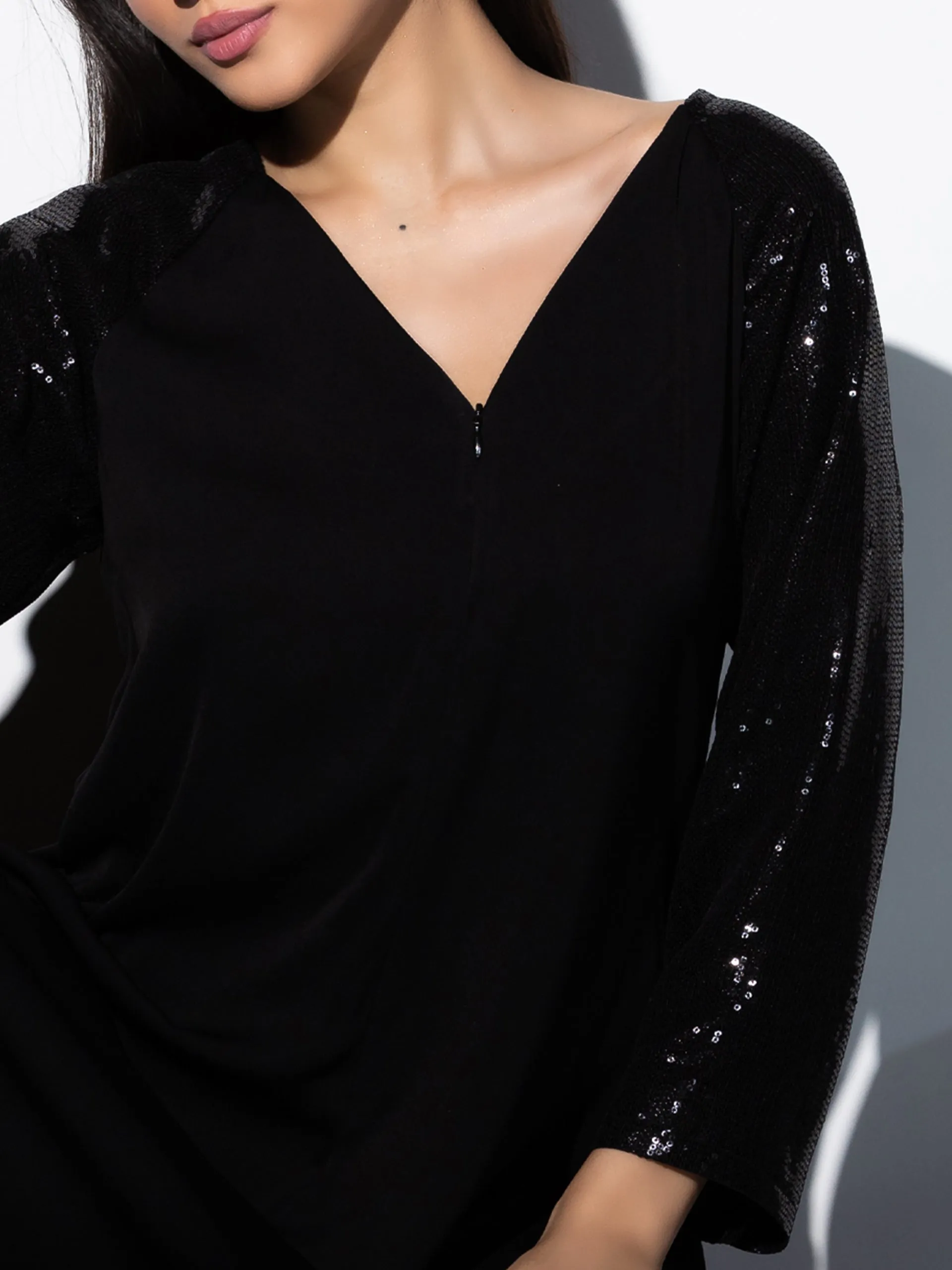 Black Korean Coverall with Full Sequin Sleeves