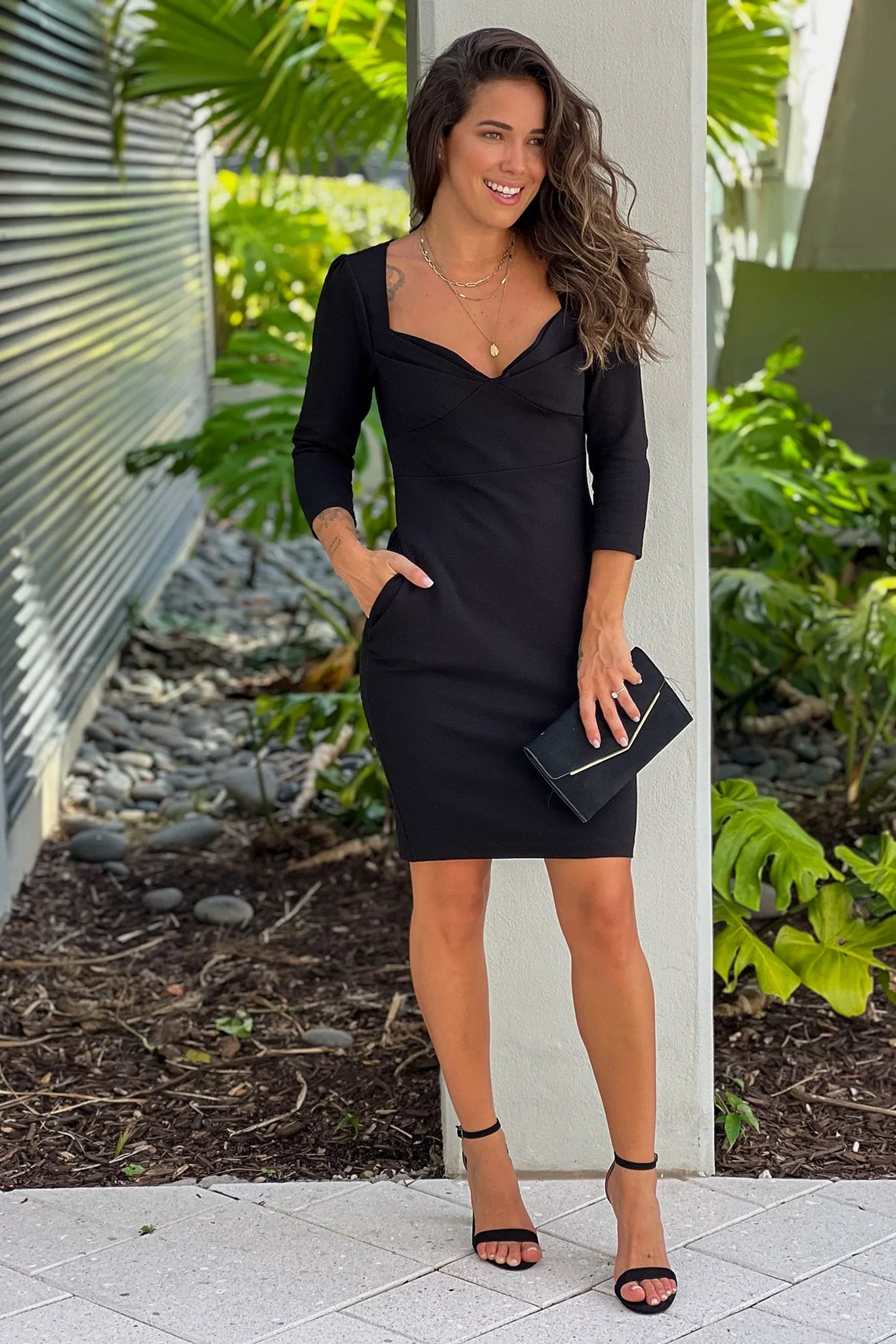 Black Midi Dress With 3/4 Sleeves And Pockets