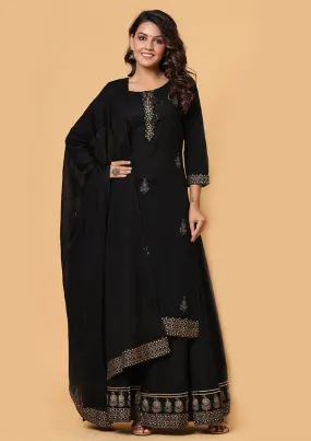 Black Silk Embellished & Embroidered Sharara Set with Dupatta