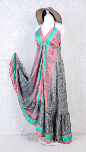 Blossom Halter-Neck Maxi Dress - Pink, Grey & Aqua Floral Sari (Free Size)