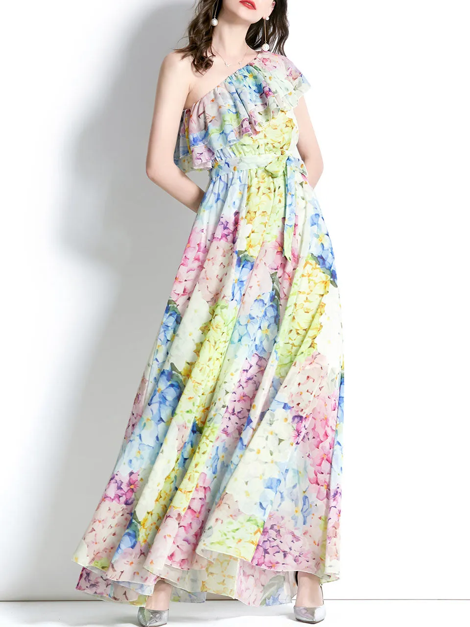 Blue And Yellow One Shoulder Rose Floral Print Boho Dress Maxi Dress