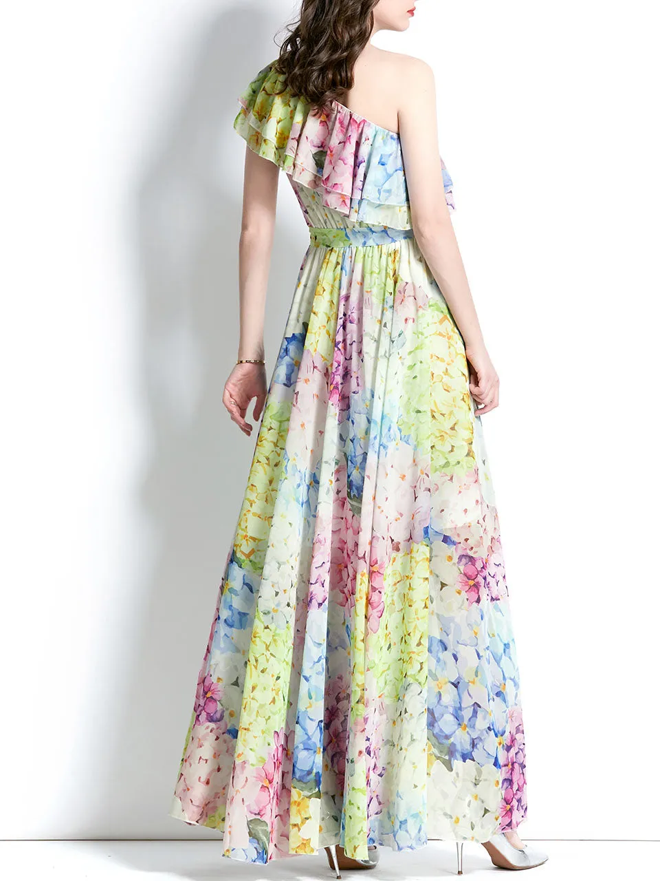 Blue And Yellow One Shoulder Rose Floral Print Boho Dress Maxi Dress