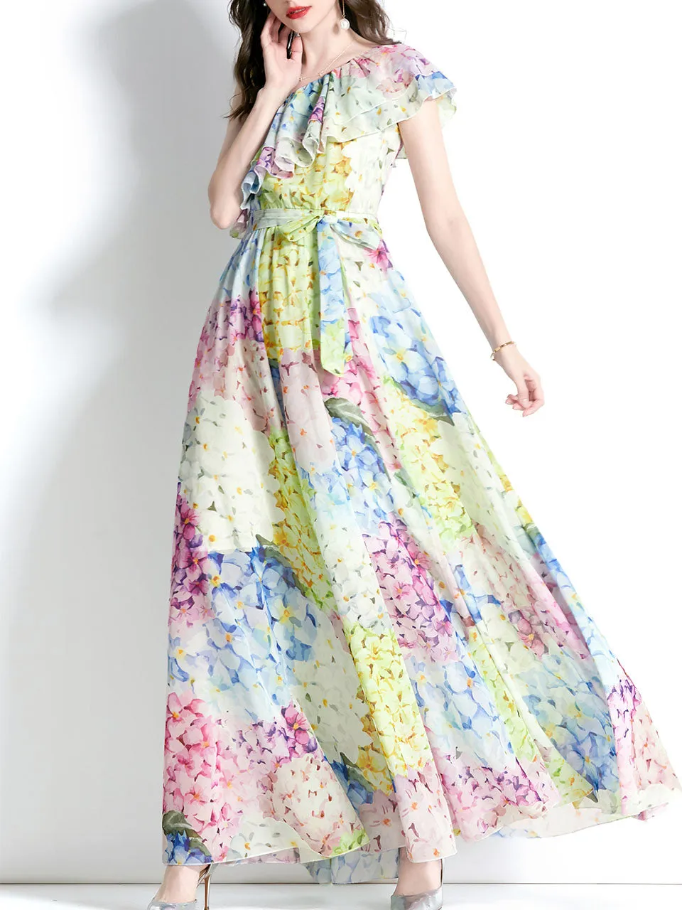 Blue And Yellow One Shoulder Rose Floral Print Boho Dress Maxi Dress