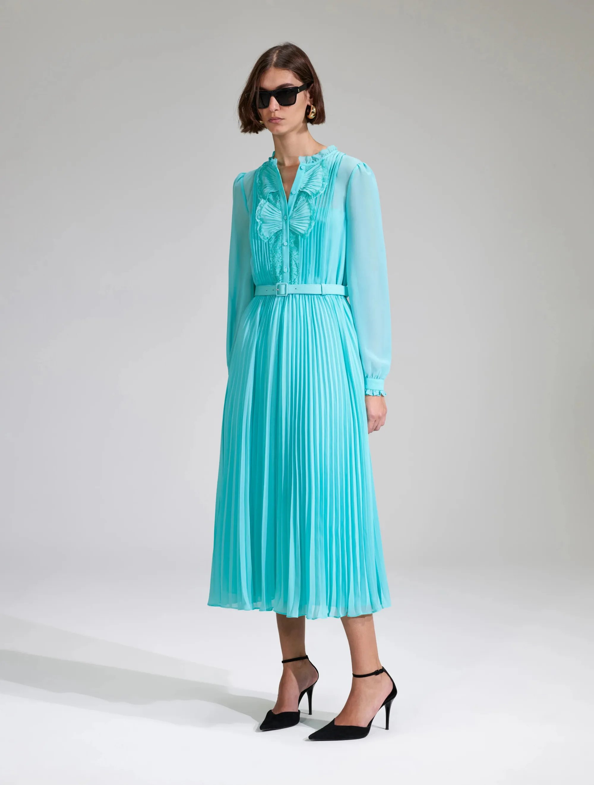 Blue Chiffon Pleated Midi Dress