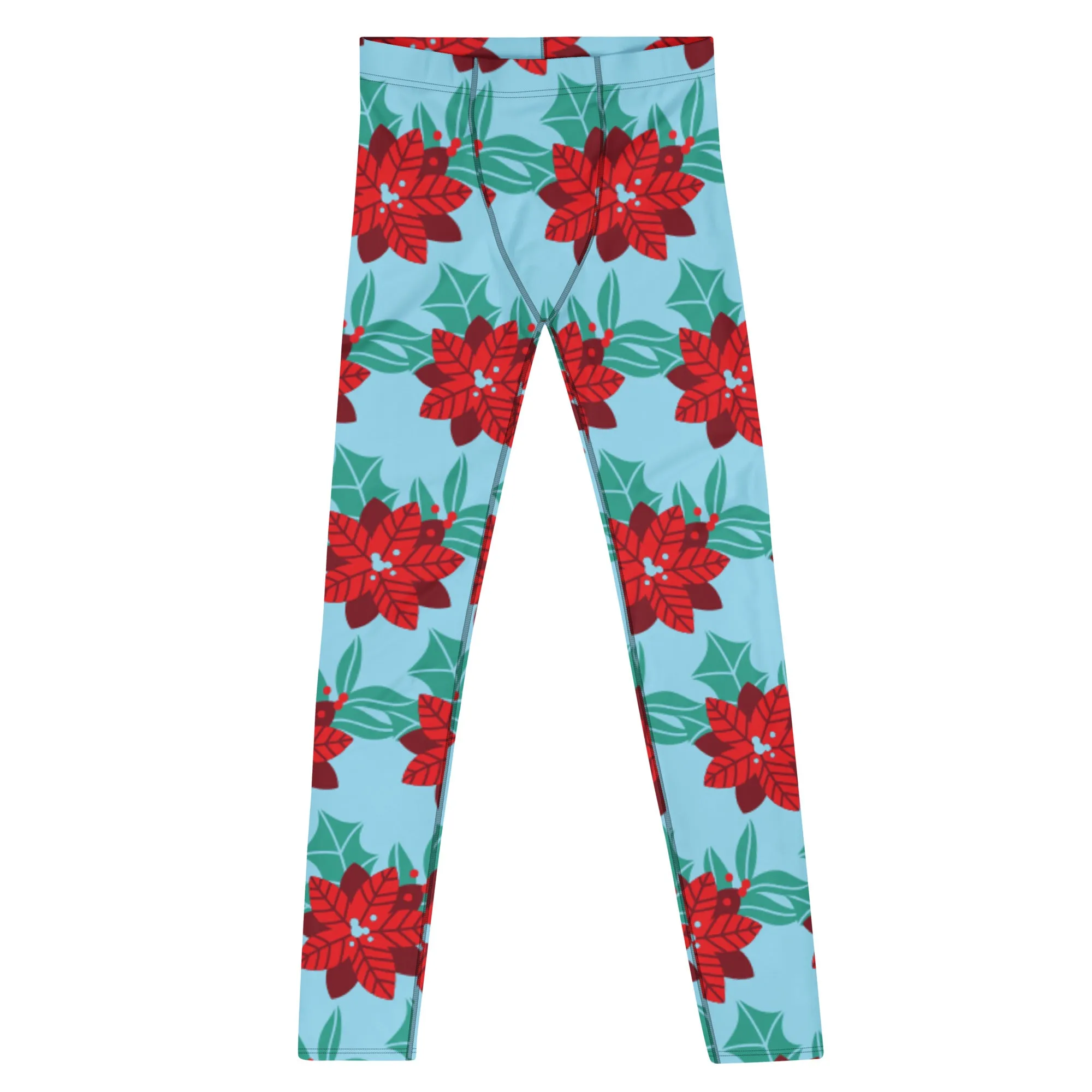 Blue Christmas Floral Men's Leggings, Light Blue & Red Xmas Flower Designer Men's Leggings-Made in USA/MX/EU