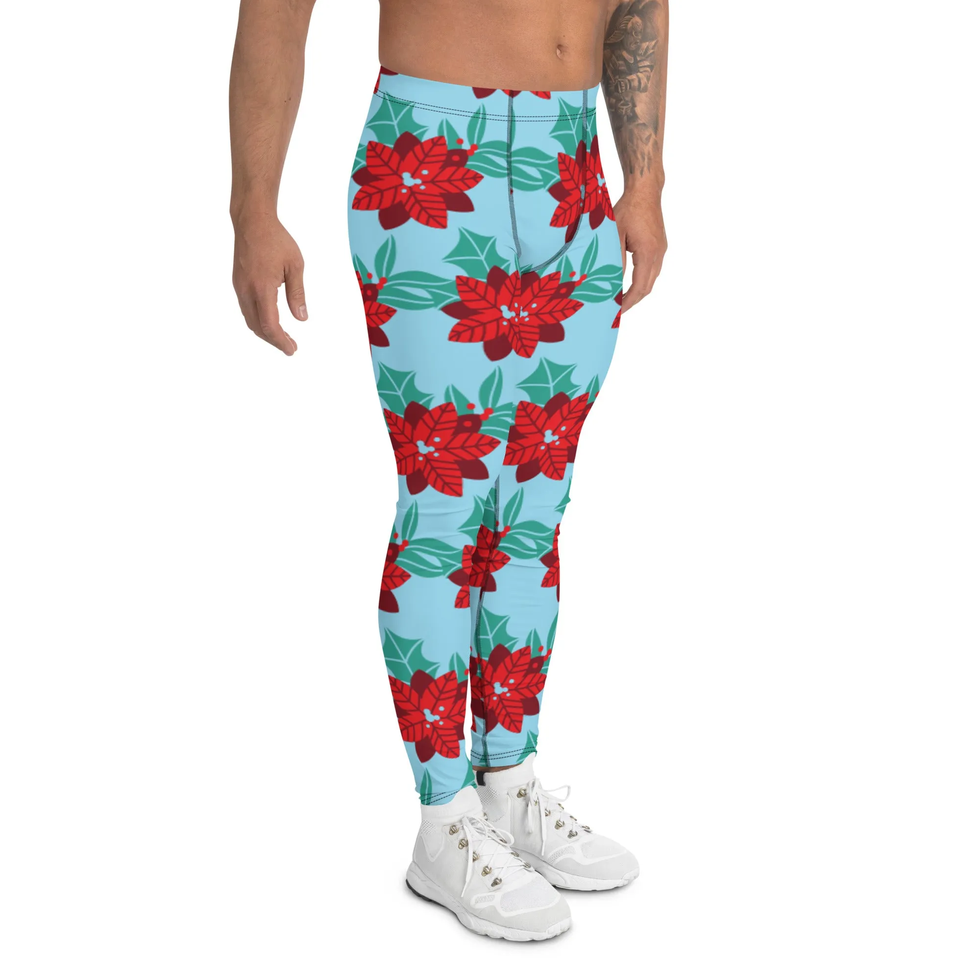 Blue Christmas Floral Men's Leggings, Light Blue & Red Xmas Flower Designer Men's Leggings-Made in USA/MX/EU