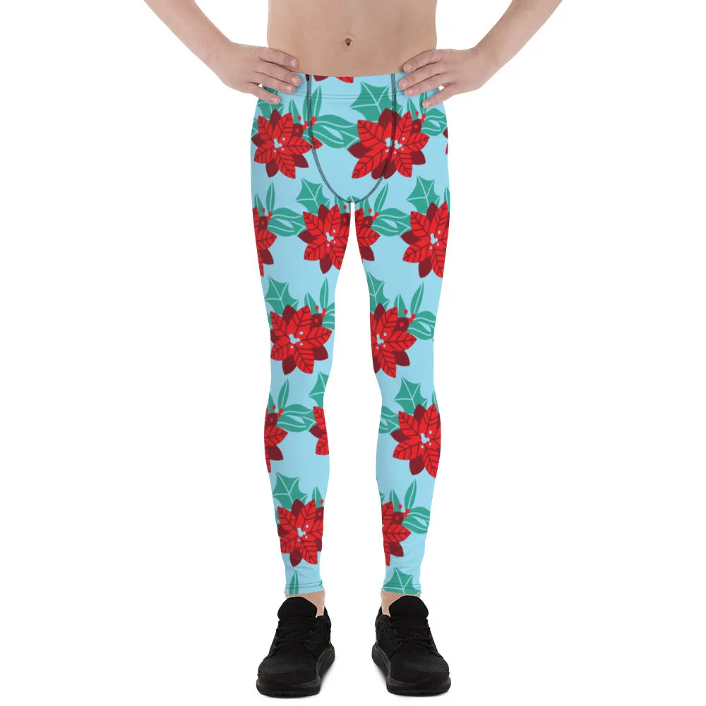 Blue Christmas Floral Men's Leggings, Light Blue & Red Xmas Flower Designer Men's Leggings-Made in USA/MX/EU