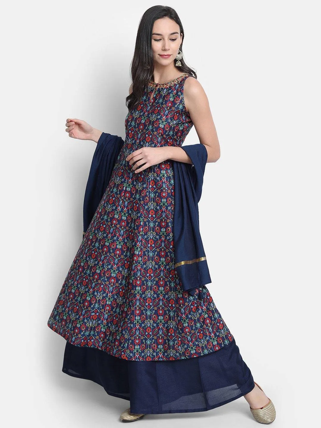 Blue Poly Muslin Printed & Embroidered Kurta with Poly Palazzo & Dupatta Set