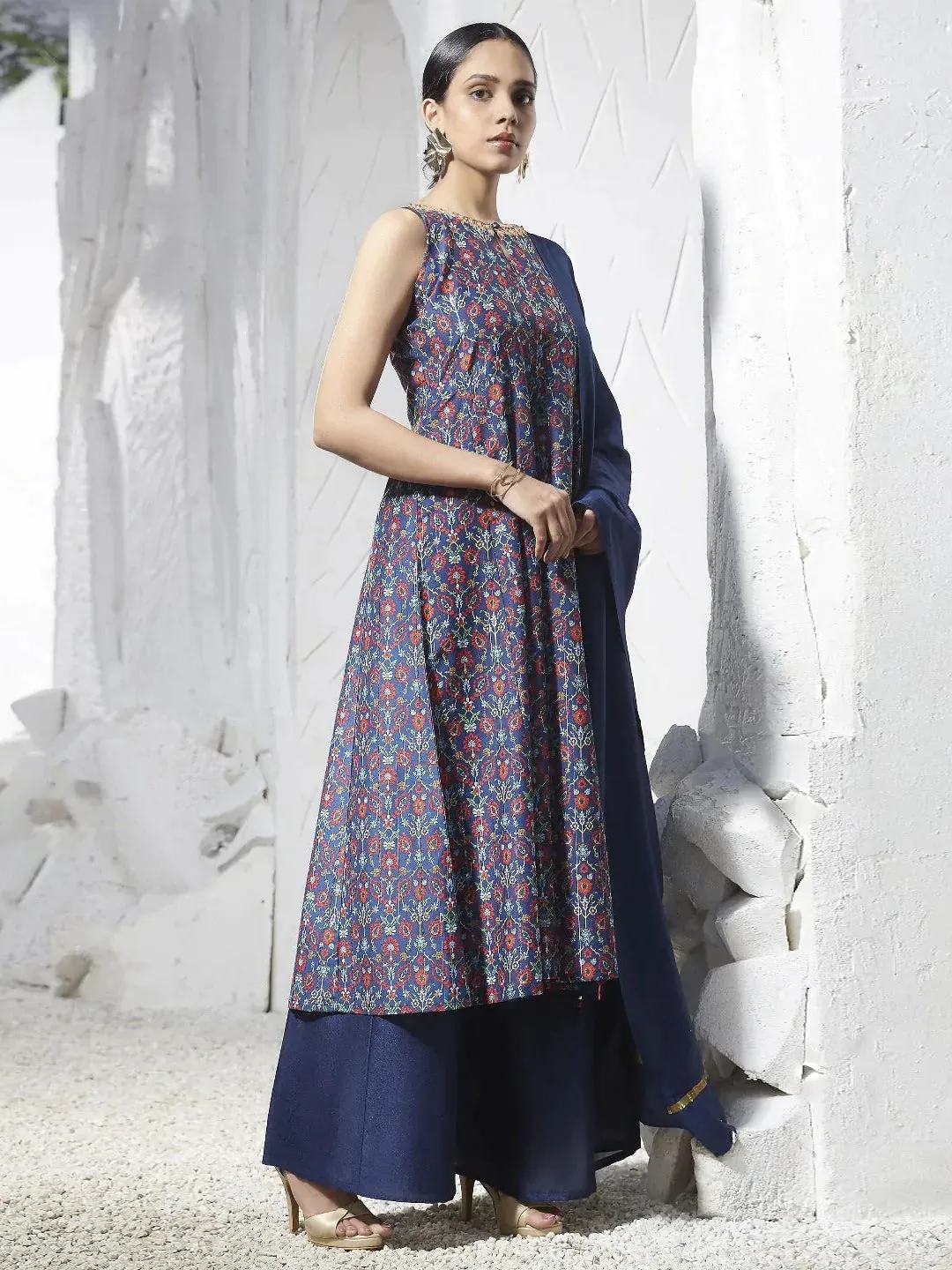 Blue Poly Muslin Printed & Embroidered Kurta with Poly Palazzo & Dupatta Set