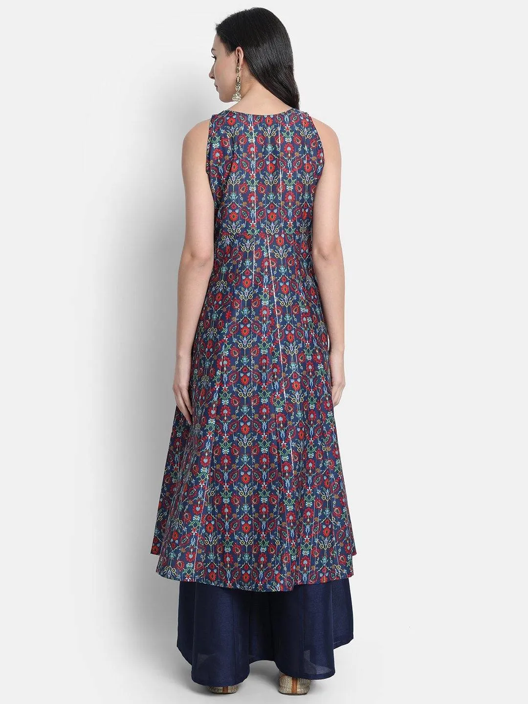 Blue Poly Muslin Printed & Embroidered Kurta with Poly Palazzo & Dupatta Set