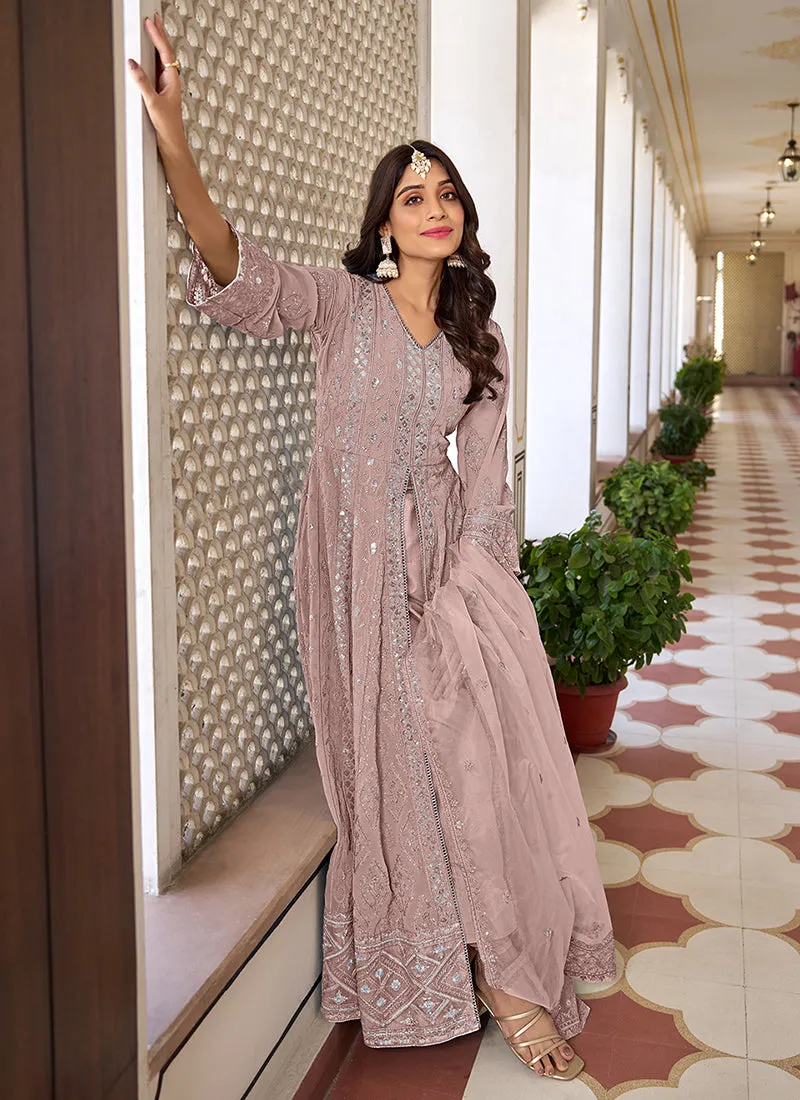 Blush Pink Sequence Embroidery Slit Style Anarkali Pant Suit