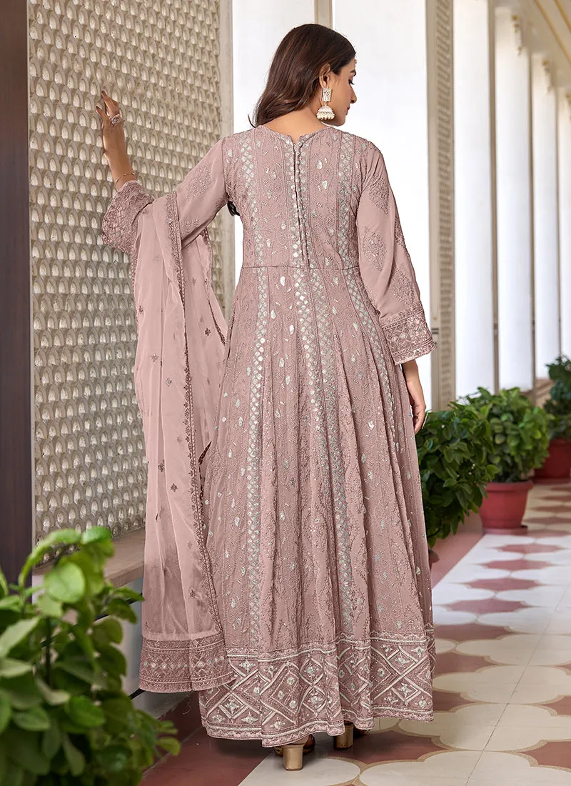 Blush Pink Sequence Embroidery Slit Style Anarkali Pant Suit