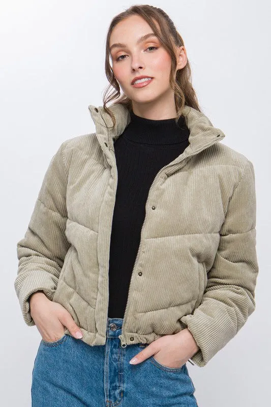 Bohemian Corduroy Puffer Jacket with Toggle Detail