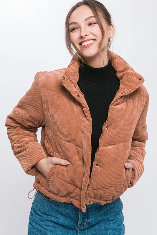 Bohemian Corduroy Puffer Jacket with Toggle Detail