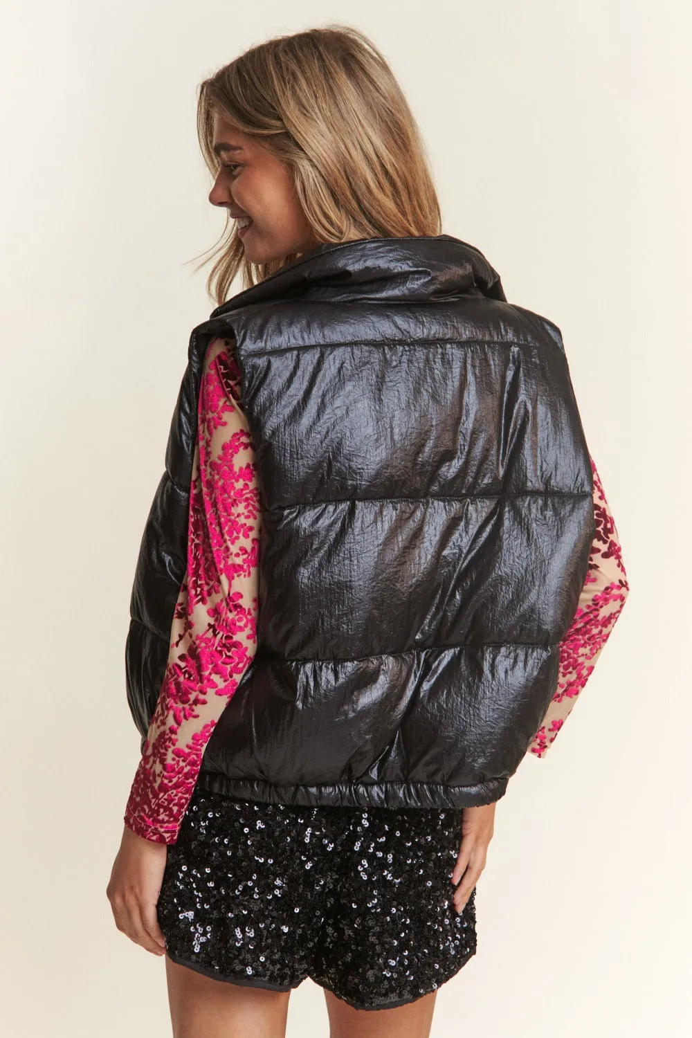 Bohemian Snap and Zipper Shiny Metallic Puffer Vest