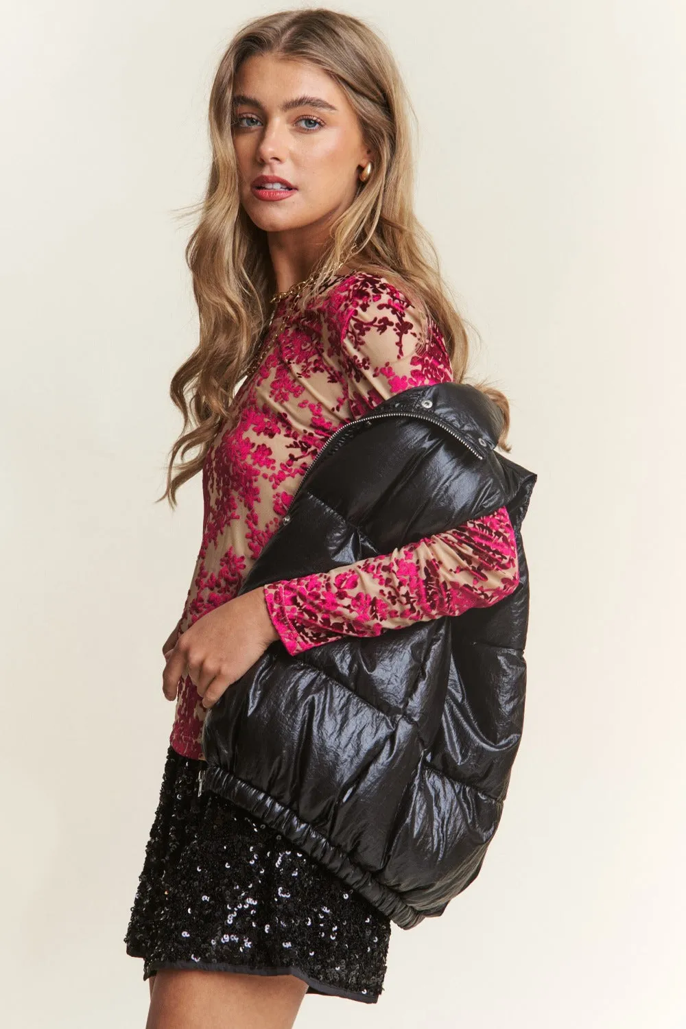 Bohemian Snap and Zipper Shiny Metallic Puffer Vest