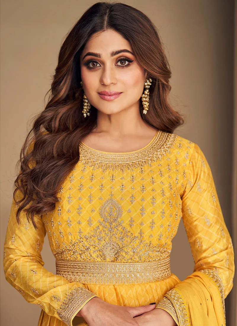 Bright Yellow Embroidery Bollywood Anarkali Gown