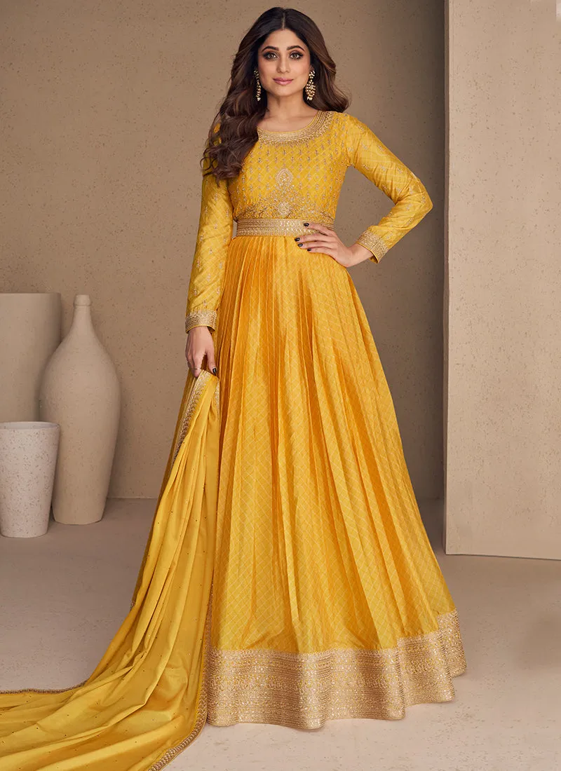 Bright Yellow Embroidery Bollywood Anarkali Gown