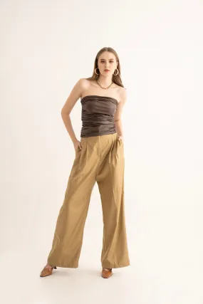 Brown Faux Leather Gathered Tube Top