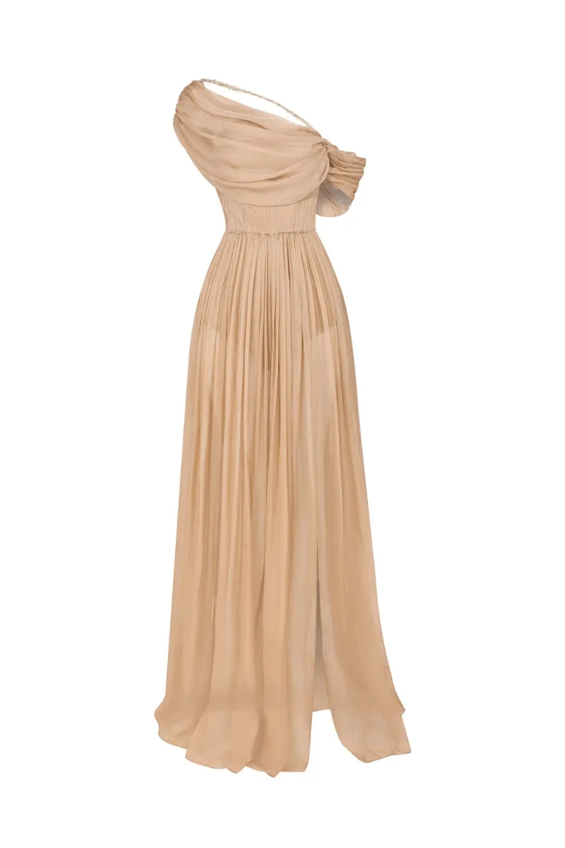 BROWN NUDE CHIFFON WITH HAND- PLEATED MAXI DRESS