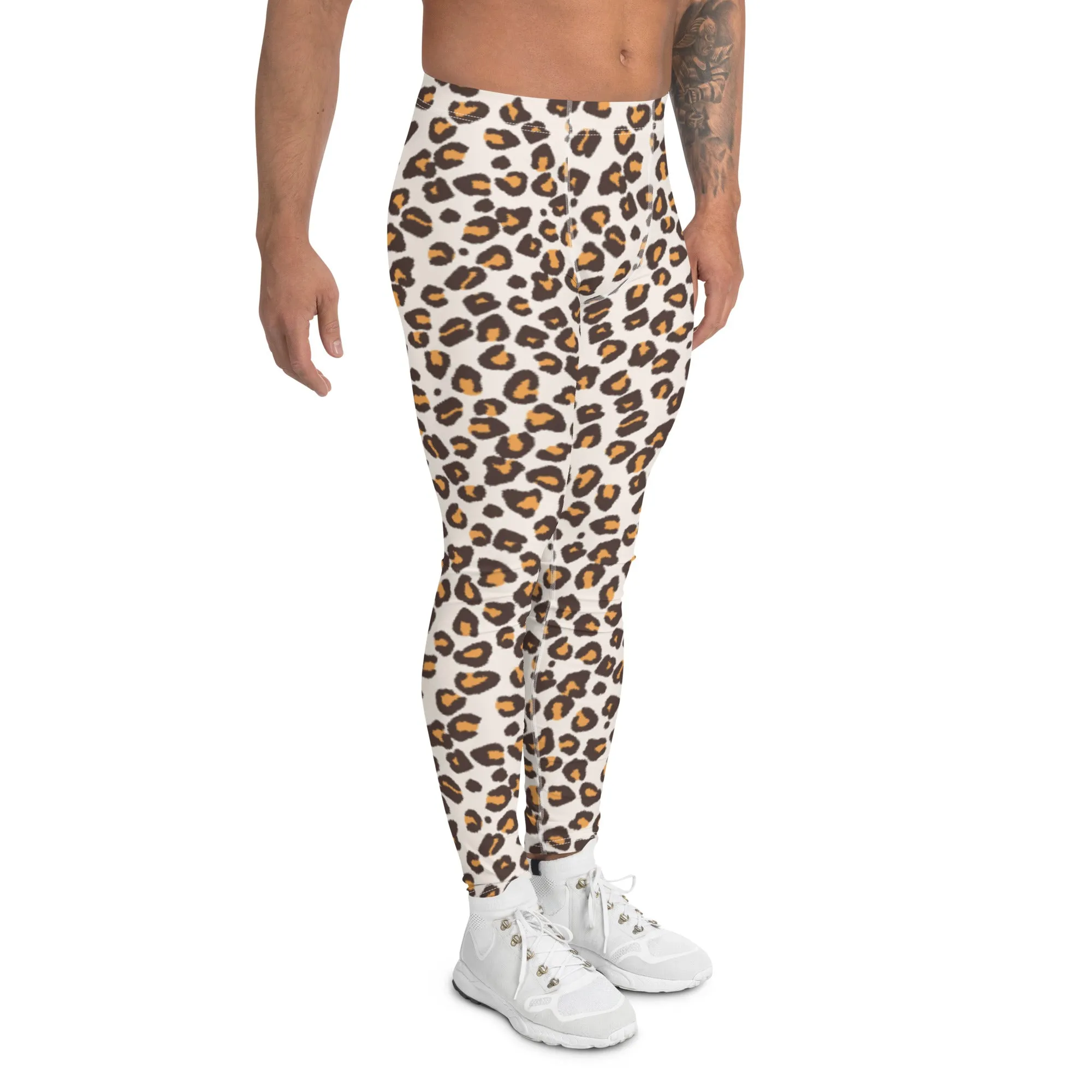 Brown Orange Leopard Print Meggings, Animal Leopard Print Best Designer Meggings Tights-Made in USA/EU/MX