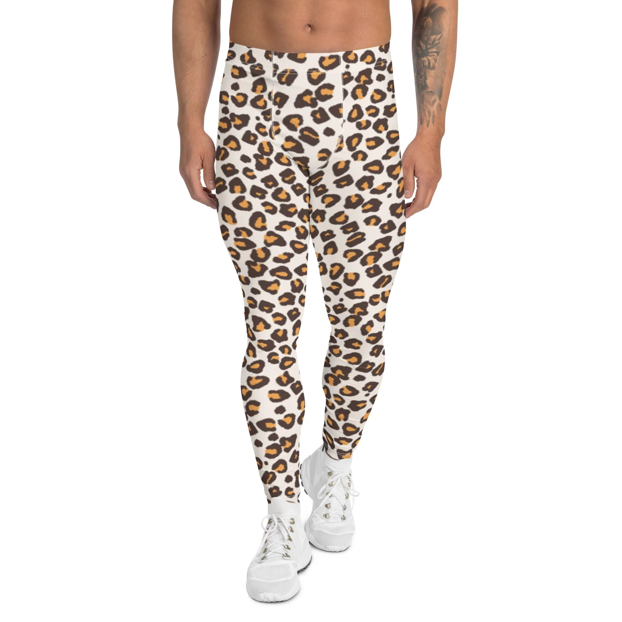 Brown Orange Leopard Print Meggings, Animal Leopard Print Best Designer Meggings Tights-Made in USA/EU/MX