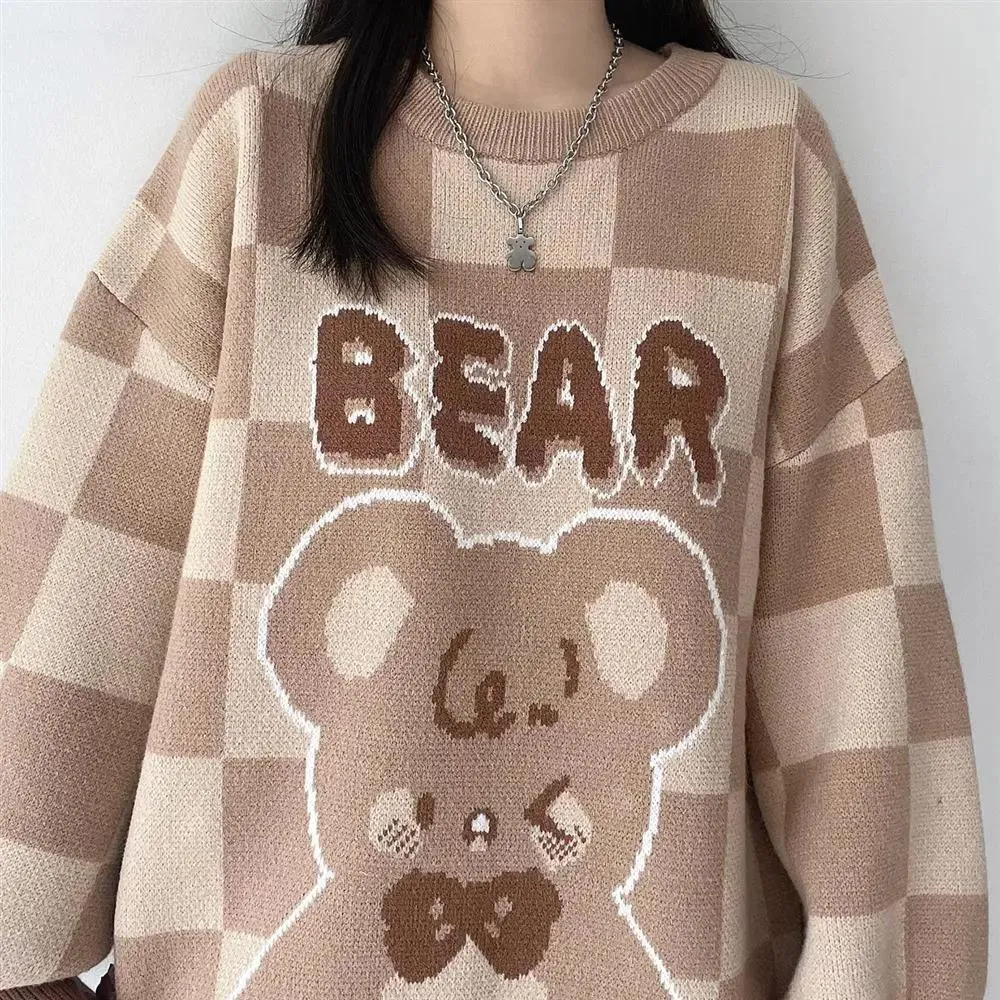 Brown Plaid Bear Knit Sweater