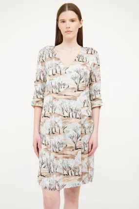 Brown Pleated Print Dress