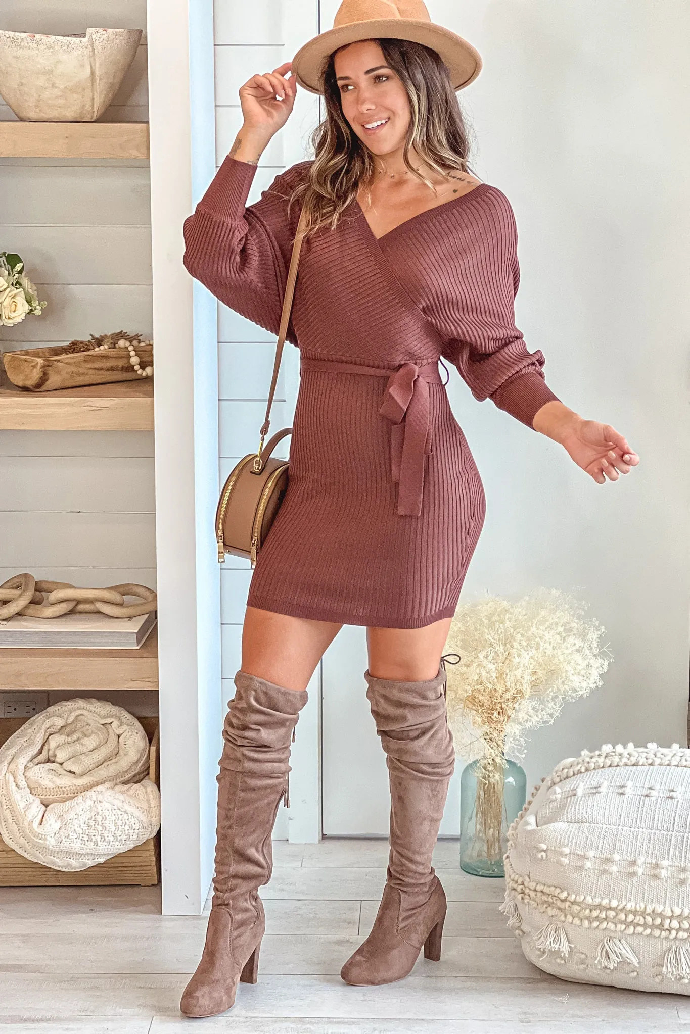 Brown Ribbed Short Dress with Long Sleeves