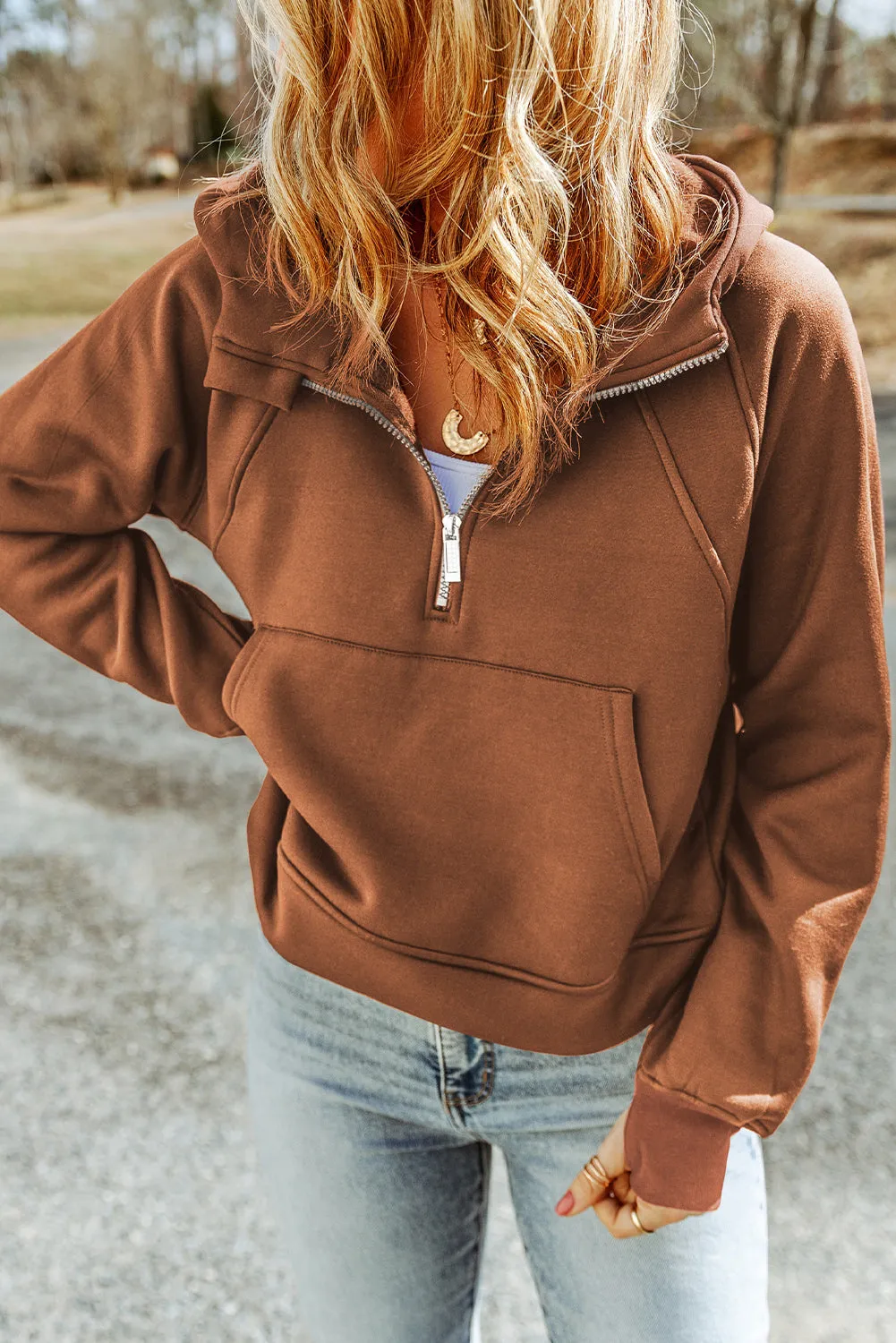 Brown Thumbhole Raglan Sleeve Half Zip Pullover Hoodie