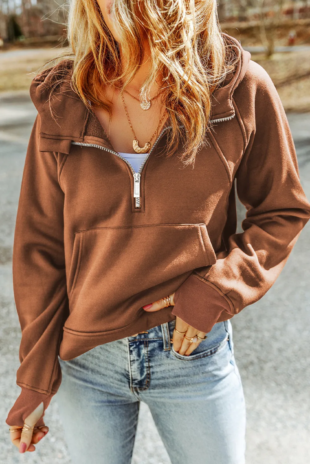 Brown Thumbhole Raglan Sleeve Half Zip Pullover Hoodie