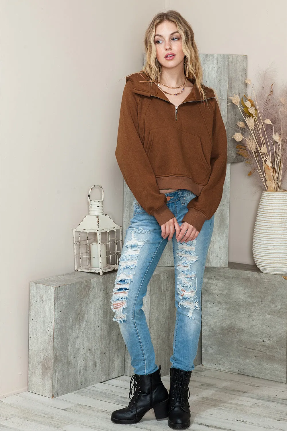 Brown Thumbhole Raglan Sleeve Half Zip Pullover Hoodie