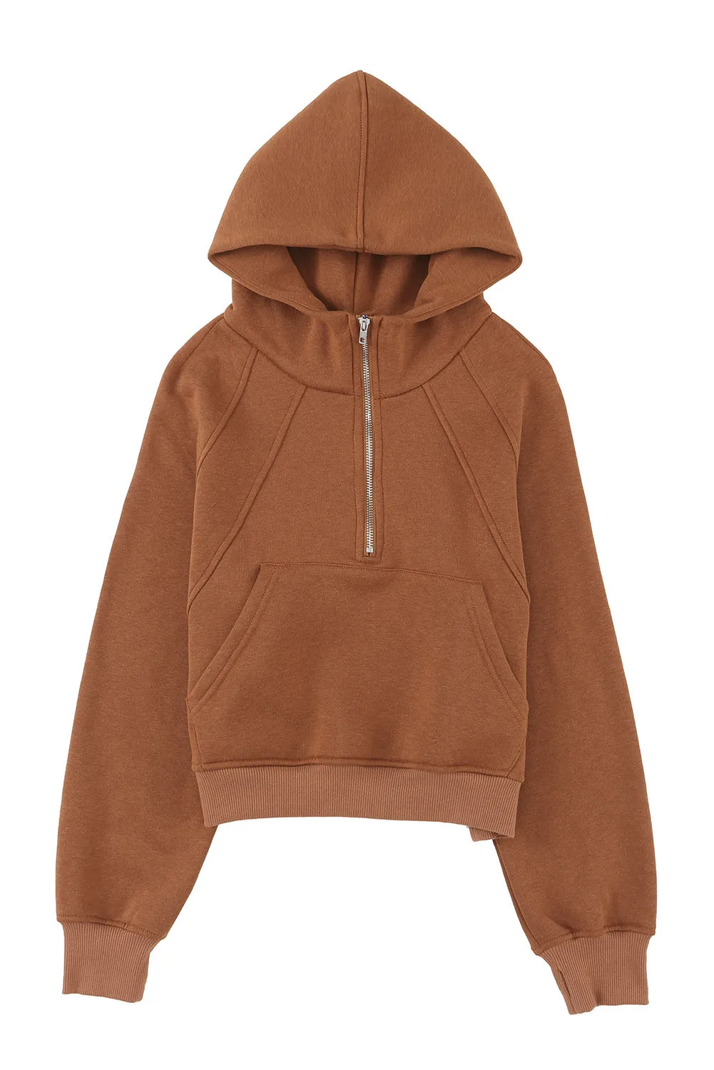 Brown Thumbhole Raglan Sleeve Half Zip Pullover Hoodie