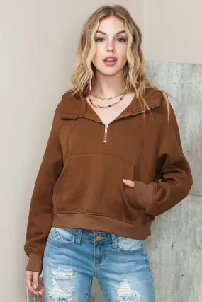 Brown Thumbhole Raglan Sleeve Half Zip Pullover Hoodie