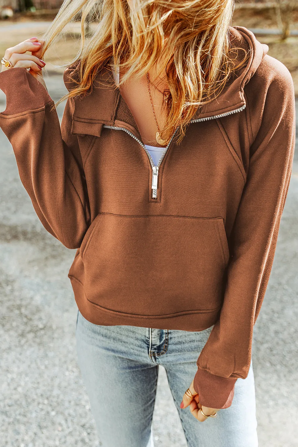 Brown Thumbhole Raglan Sleeve Half Zip Pullover Hoodie