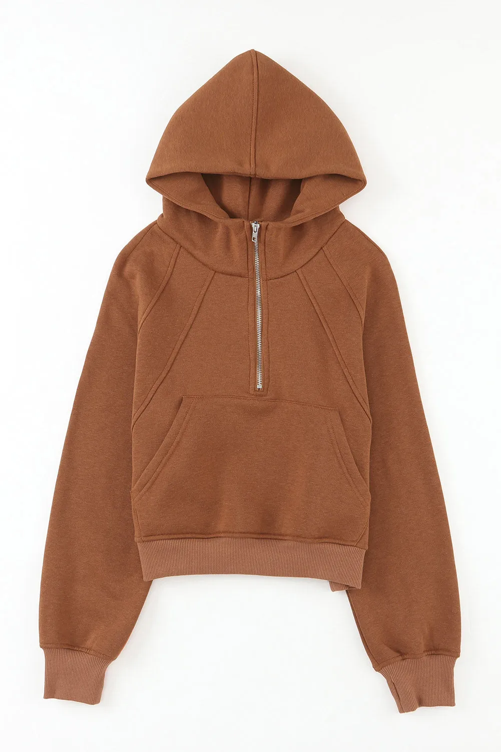 Brown Thumbhole Raglan Sleeve Half Zip Pullover Hoodie