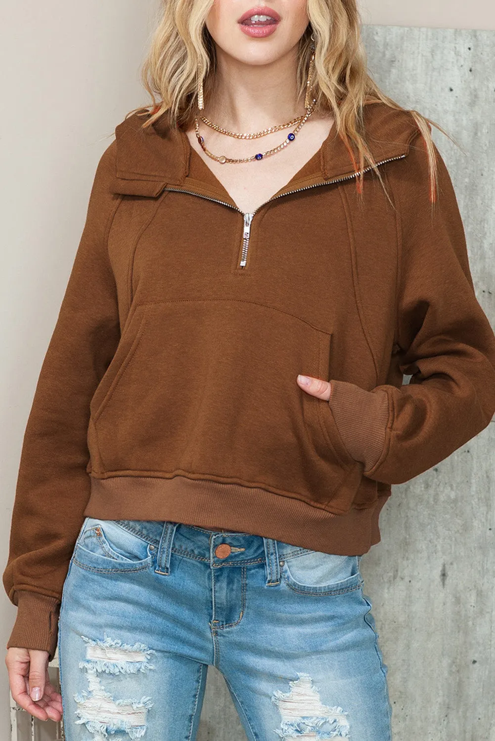 Brown Thumbhole Raglan Sleeve Half Zip Pullover Hoodie