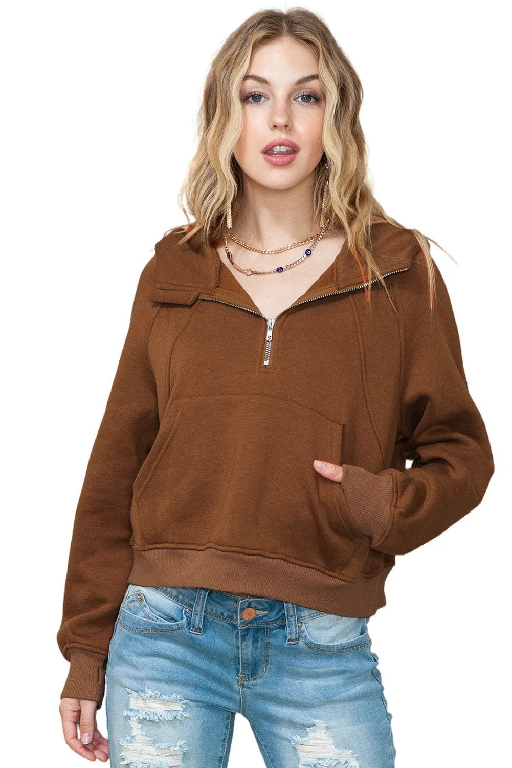 Brown Thumbhole Raglan Sleeve Half Zip Pullover Hoodie