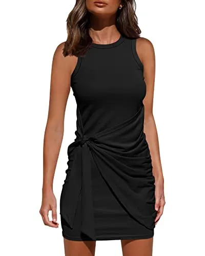 BTFBM Women Sleeveless Tank Casual Summer Bodycon T Shirt Dress Solid Tie Waist Ruched Stretch Soft Mini Short Dresses (Sleeveless Black, Small, s)