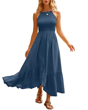 BTFBM Women's Sleeveless Halter Neck Casual Summer Dress Smocked Flowy Irregular Hem Wedding Beach Party Maxi Sundresses(Solid Dark Blue, Medium)