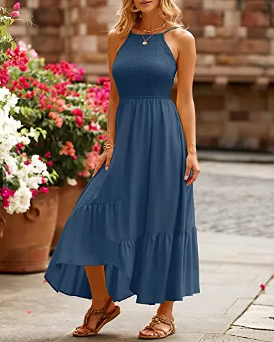 BTFBM Women's Sleeveless Halter Neck Casual Summer Dress Smocked Flowy Irregular Hem Wedding Beach Party Maxi Sundresses(Solid Dark Blue, Medium)