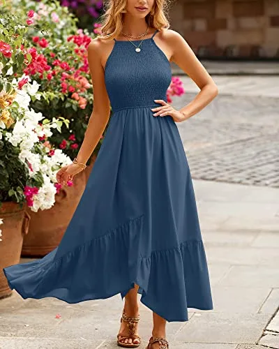 BTFBM Women's Sleeveless Halter Neck Casual Summer Dress Smocked Flowy Irregular Hem Wedding Beach Party Maxi Sundresses(Solid Dark Blue, Medium)