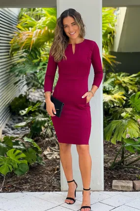 Burgundy Midi Dress With Pockets And Sleeves