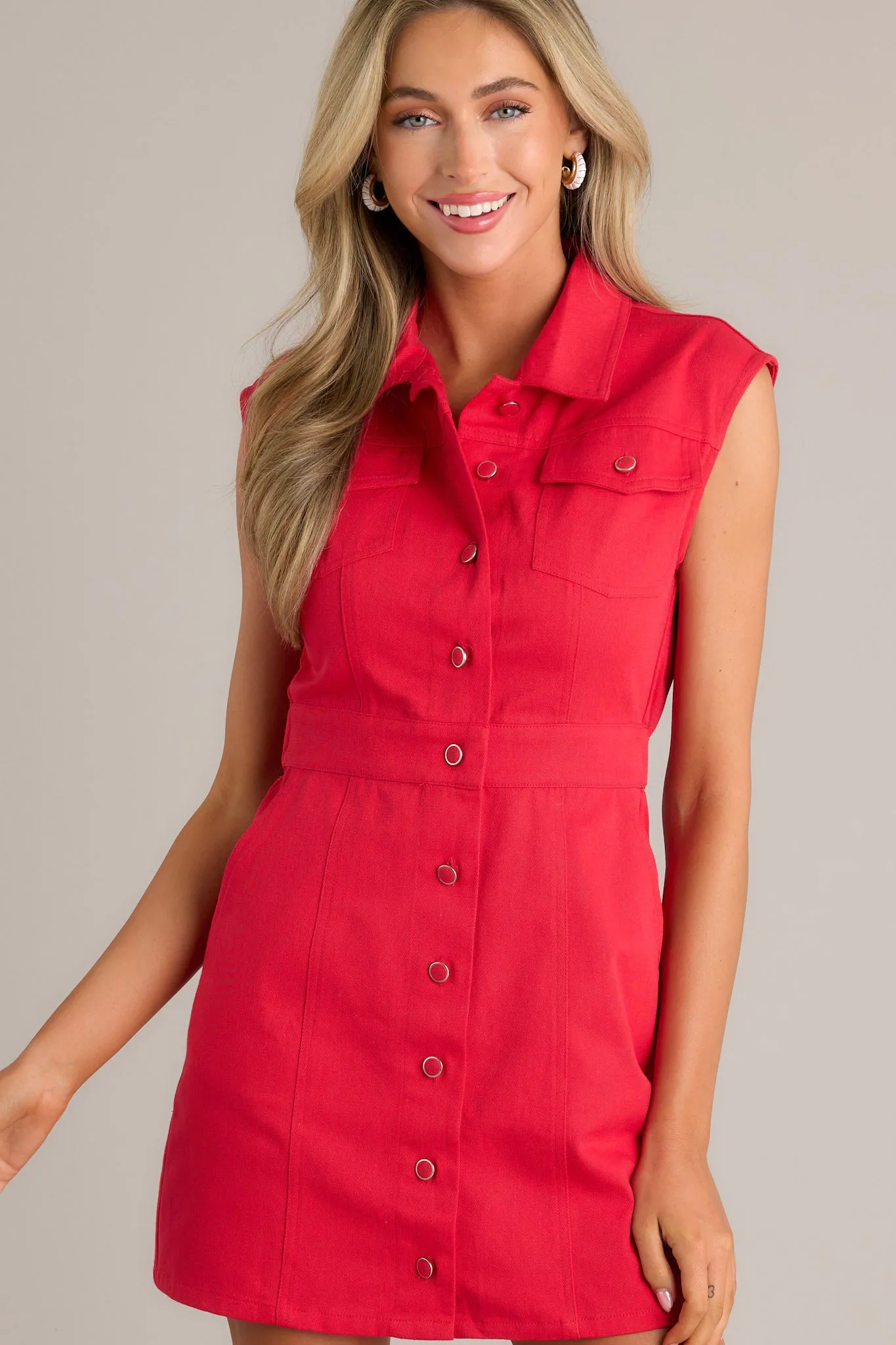 Cherry Bombshell 100% Cotton Red Denim Mini Dress