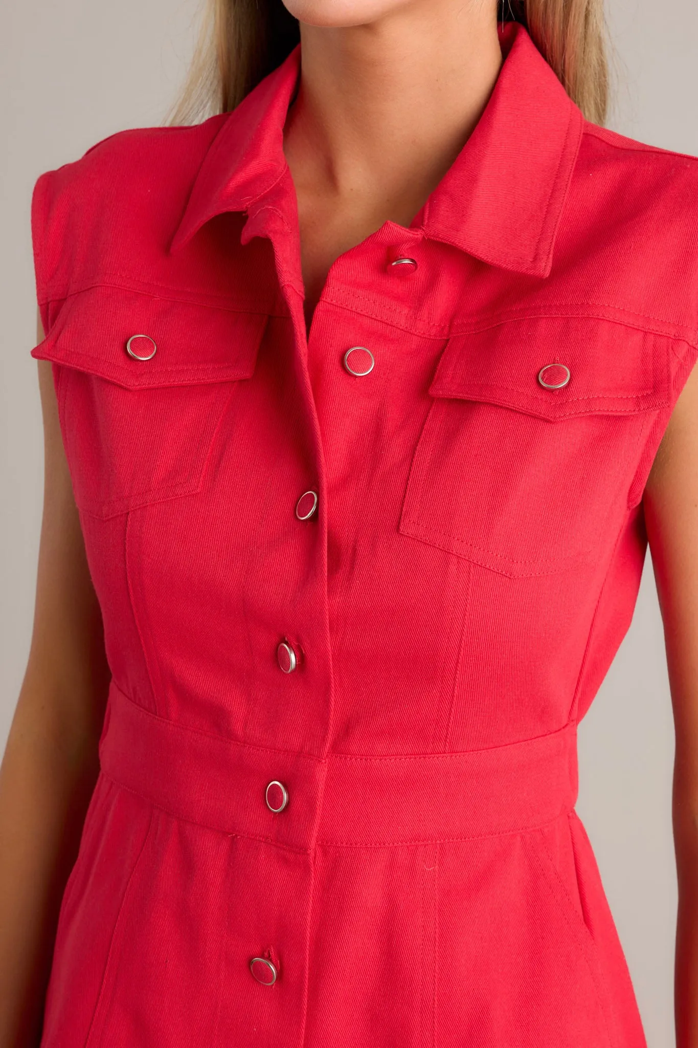 Cherry Bombshell 100% Cotton Red Denim Mini Dress