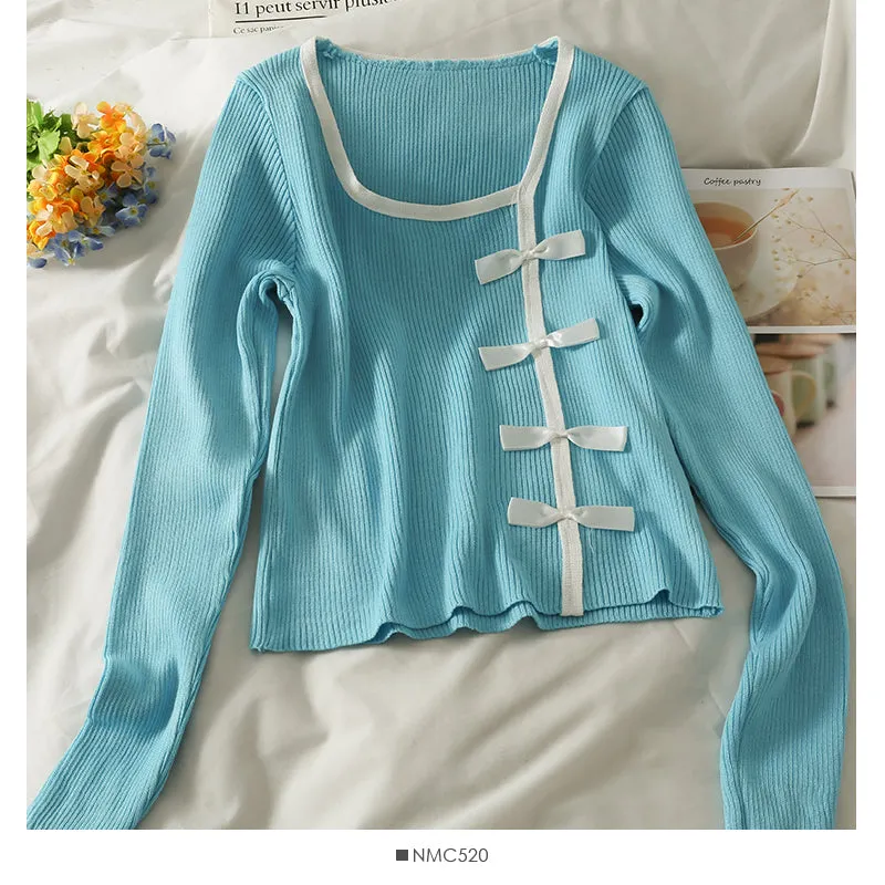 Color matching bow decoration slim long sleeve sweater  2076