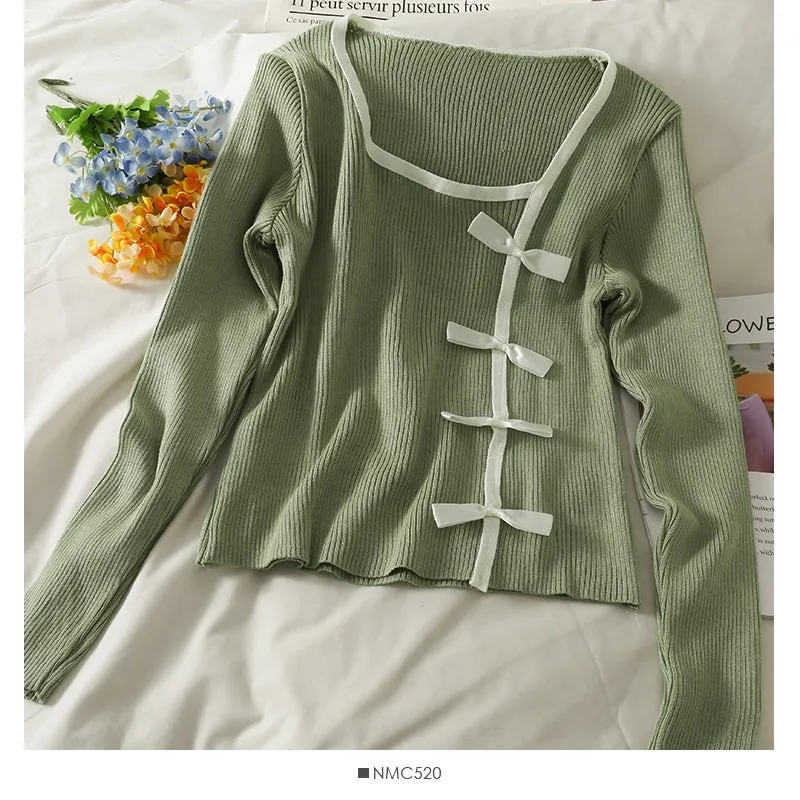 Color matching bow decoration slim long sleeve sweater  2076