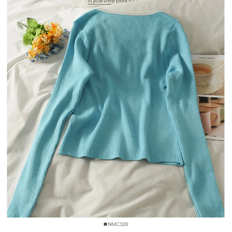 Color matching bow decoration slim long sleeve sweater  2076