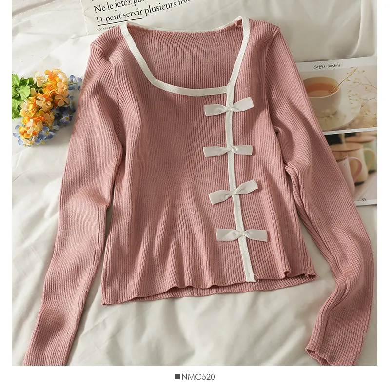 Color matching bow decoration slim long sleeve sweater  2076